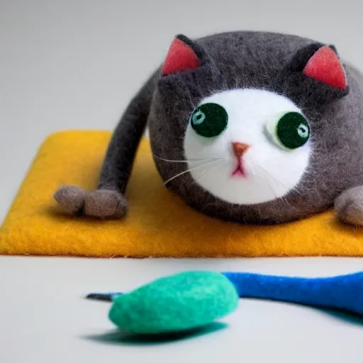 Prompt: a cute cat made of felt and linnin with googly eyes is sneaking up on a mouse made out of a sock, in a kids room on saturday morning