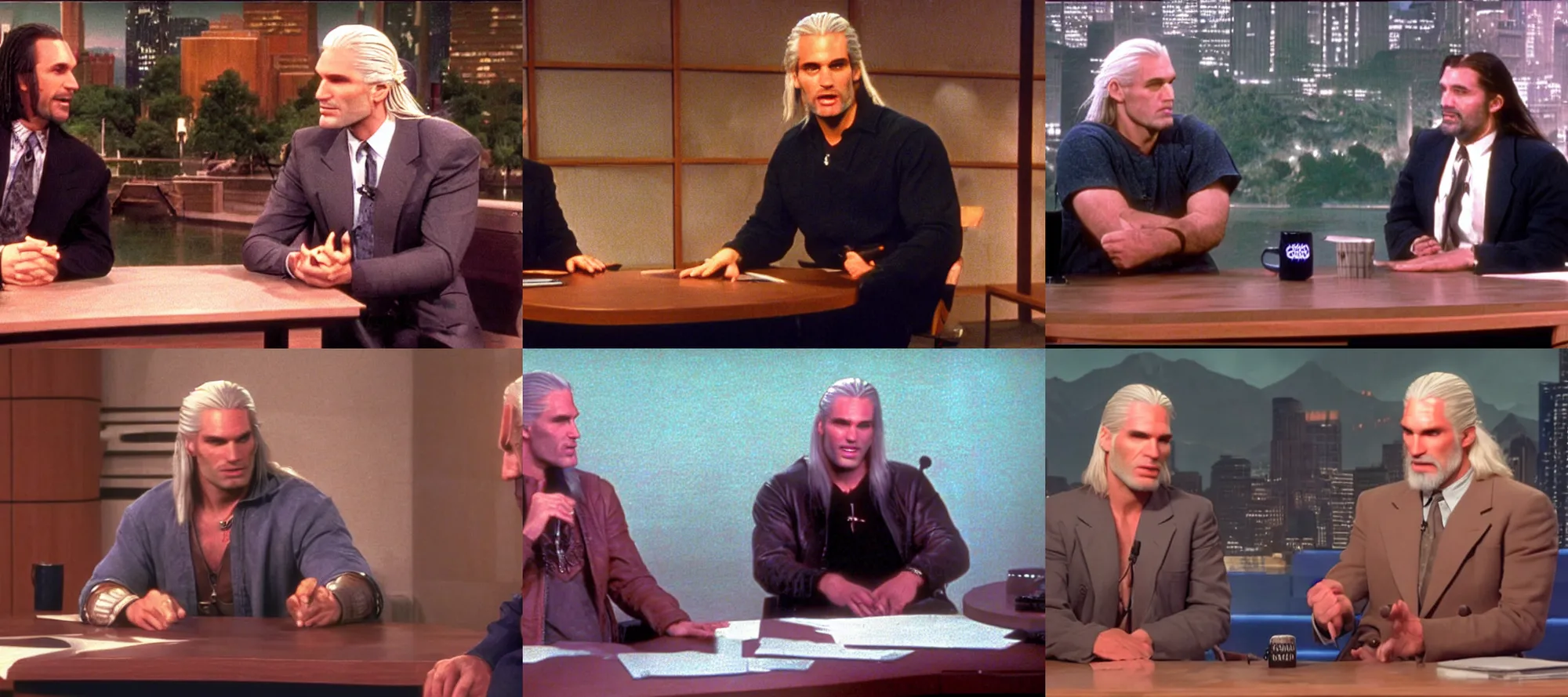Prompt: Geralt of Rivia being interviewed on the Tonight Show in 1995, cinematic, wide angle, 35mm, television, screengrab, chair beside desk, looking at interviewer, TV show still