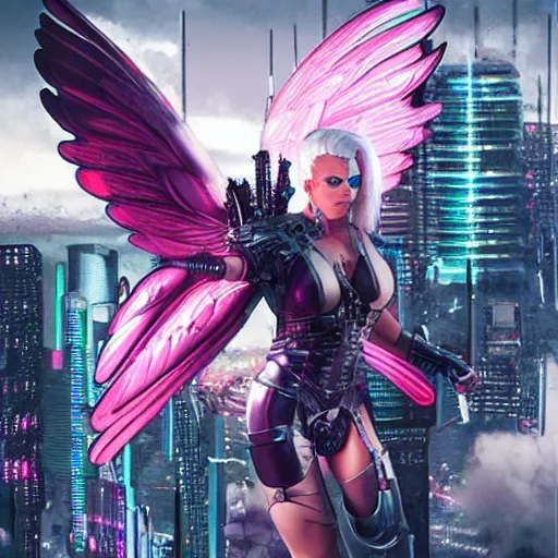 Image similar to cyberpunk valkyrie with pink metal wings, cityscape below, flying, high detail, sharp focus, silver cyber armor, rt by artgerm and greg rutkowski,