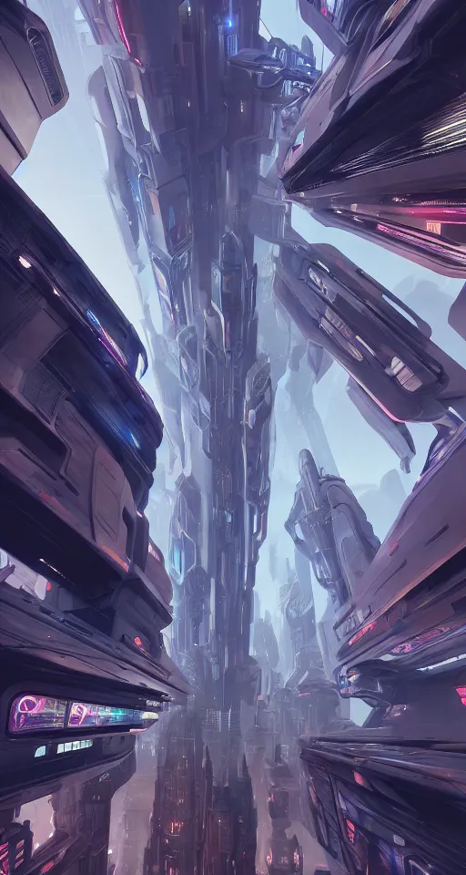 Prompt: tall and beautiful structures in the center of a futuristic city, by syd mead and andree wallin, 3 d video game, science fiction, dystopian atmosphere, digital painting, octane render, depth of field, unreal engine 5, vibrant colors, trending on artstation, ultra high detail, ultra realistic, cinematic, focused, 8 k