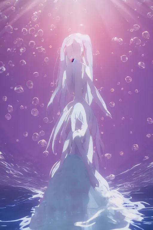 Image similar to 3D CG anime Land of the Lustrous Houseki no Kuni character Ventricosus translucent very light pink jelly woman with thick waist and chest size and pink transparent bouffont dress frills hair in a bun standing at the bottom of the ocean near the surface, sun rays shine through the water, facing the camera, confident pose, beautiful composition, 3D render, cel shaded, 8k, key visual, made by Haruko Ichikawa, Makoto Shinkai, studio Ghibli, Kyoto Animation