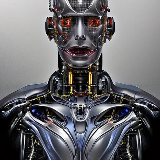 Image similar to a cyborg robot designed by tesla, hyper realistic, detailed portrait,