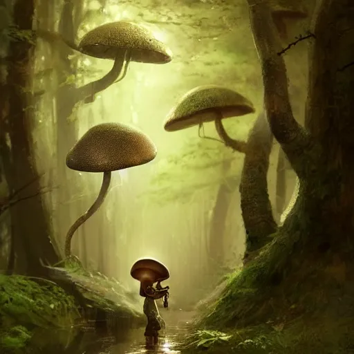Image similar to a tiny mushroom person with a mushroom for a head walking by a stream in a lush forest, dramatic lighting, illustration by Greg rutkowski, yoji shinkawa, 4k, digital art, concept art, trending on artstation