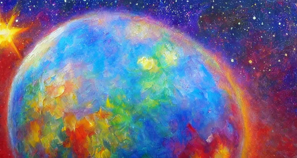 Prompt: award - winning realistic oil painting of a large planet made of colourful gas, colourful bright stars