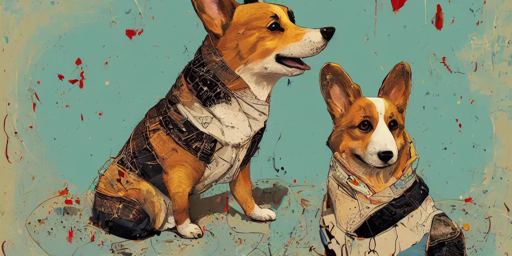 Prompt: beautiful painting of a corgi royalty, by Jamie Hewlett, Victo Ngai, Ismail Inceoglu. trending on Artstation, 8k, masterpiece, graffiti paint, fine detail, full of color, intricate detail, golden ratio illustration