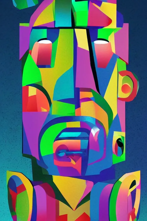 Image similar to cubist moai statue cutout digital illustration cartoon colorful beeple