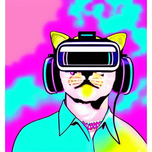 Image similar to vaporwave color scheme, cat wearing a vr headset, vaporwave poster illustration, artstation trending, pinterest