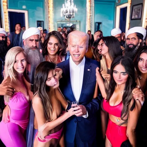 Prompt: 4 k portrait sony a 7 f 2. 8 of president joe biden as a taliban leader surrounded by beautiful dancing instagram swimsuit model women worshipping him with cocktail bar lighting