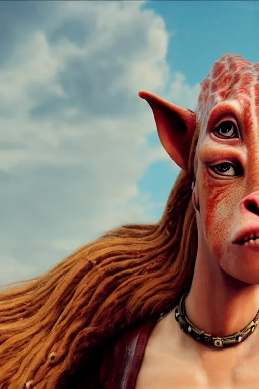 Image similar to film still of jar jar binks as a female cowgirl, long eyeslashes, big juicy lips, big seductive eyes, dramatic cinematic lighting, dolce & gabbana campaign, shot by mario testino, realistic vfx simulation, 4 k