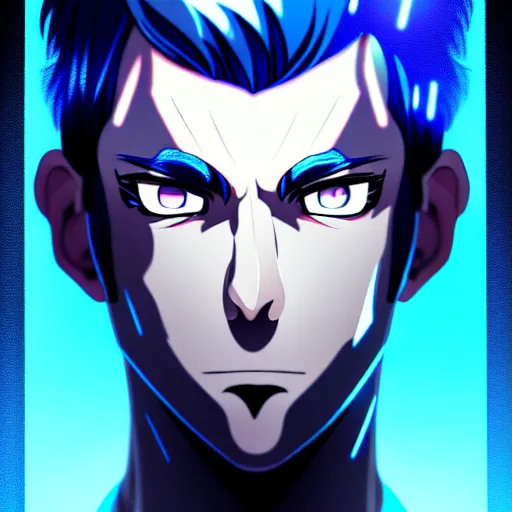 Image similar to a highly detailed portrait of a man with navy blue hair and blue glowing eyes, blue transparent cubes in backround, high detail clothing, concept art, anime, artstation, professional drawing