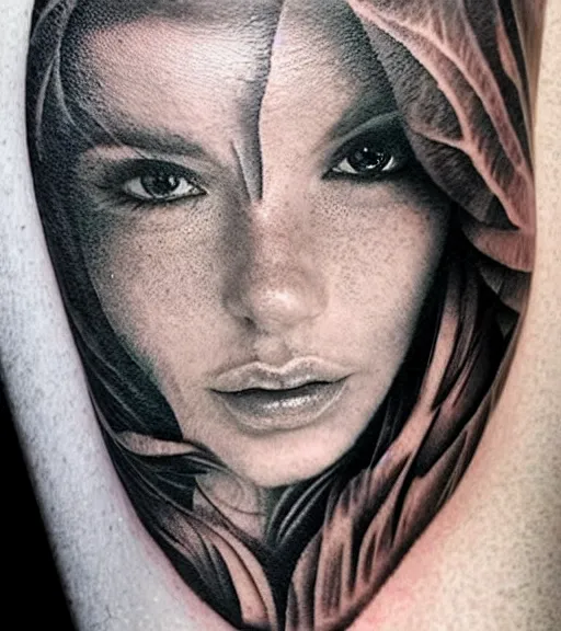 Image similar to tattoo design sketch of a beautiful woman face with a realistic mountain scenery on the womans side, hyper - realistic, double exposure effect, in the style of matteo pasqualin, amazing detail, black and white, faded