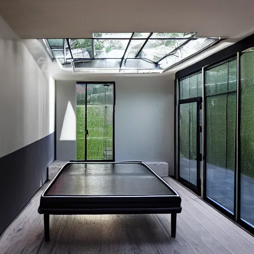 Prompt: a black trampoline, a ball pit, and a mattress inside a big empty room with light coming through the windows