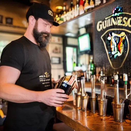 Prompt: sexy bartender with short beard and shaved head, pouring Guinness at an Irish pub