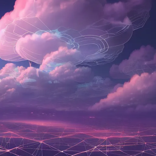 Image similar to this is a beautiful surreal scenery artwork from pixiv. it includes gigantic living inside network of cloud computing material, cloud buildings with internal computer infinites. god lighting, rays, sublimely cold color palette. insanely detailed, artstation!! pixiv!! infinitely detailed