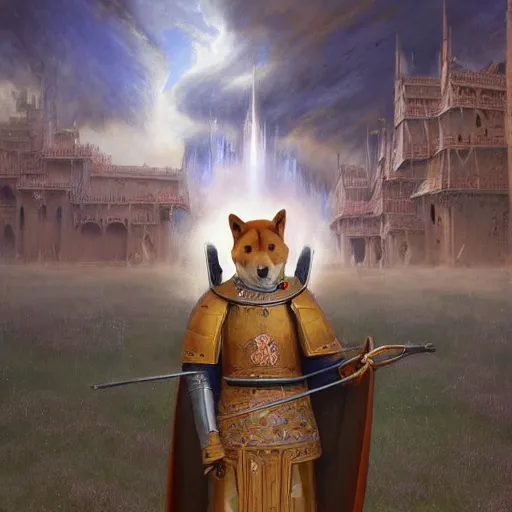 Prompt: anthropomorphic shiba inu, holy knight armor, in medieval banquet, stuning fantasy 3 d render, masterpiece, glowing aura, by donato giancola and greg rutkowski and wayne barlow and zdzisław beksinski, realistic face