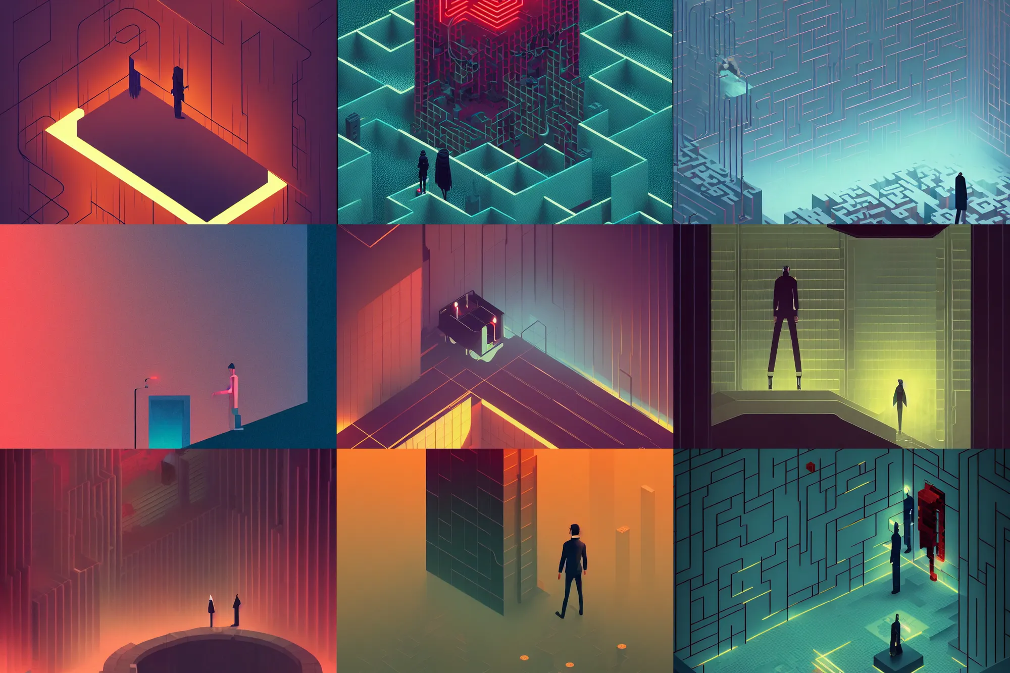 Prompt: ( ( dither ) ), editorial illustration portrait man vs machine, maze interior, modern art deco, ( ( mads berg ) ), christopher balaskas, victo ngai, cinematic, dynamic composition, wide angle, matte print, fog, unreal engine, dramatic lighting, film noir