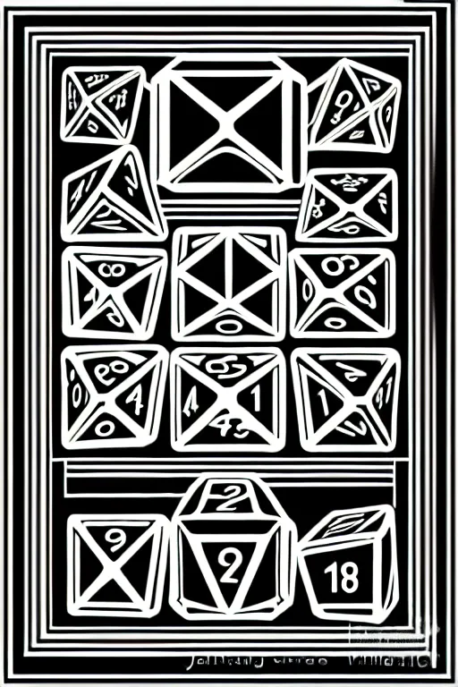 Image similar to d 2 0 dice, art by james o barr and dzo, woodblock print, black and white, vector, vector art