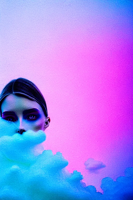 Image similar to high quality pastel coloured film close up wide angle photograph of a model wearing clothing resting on cloud furniture in a icelandic black rock!! environment in a partially haze filled dreamstate world. three point light, rainbow. photographic production. art directed. pastel colours. volumetric clouds. pastel gradient overlay. waves glitch artefacts. extreme facial clarity. 8 k. filmic.