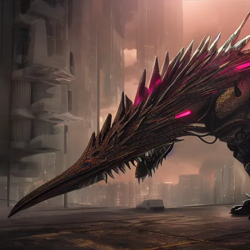 Image similar to 3d render of a detailed cyberpunk dragon, highly detailed, high quality, HD, 4k, 8k, Canon 300mm, professional photographer, 40mp, lifelike, top-rated, award winning, realistic, sharp, no blur, edited, corrected, trending