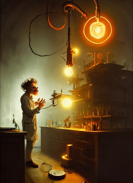 Image similar to mad scientist performing a experiment by otto dix and greg rutkowski and andreas rocha, cinematic lighting, highly detailed, warm colours, 8 k