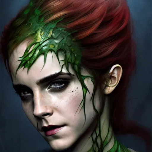 Image similar to emma watson as poison ivy. dark colors. menacing. haunting. frightening. trending on artstation. award winning. artgem. greg rutkowski. beksinski. extremely detailed. 4 k