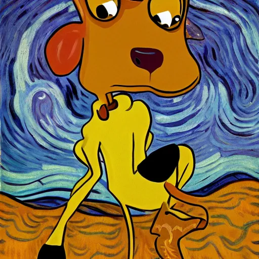 Image similar to courage the cowardly dog, 4 k, 8 k, trending on artstation, award - winning art, illustrated by vincent van gogh