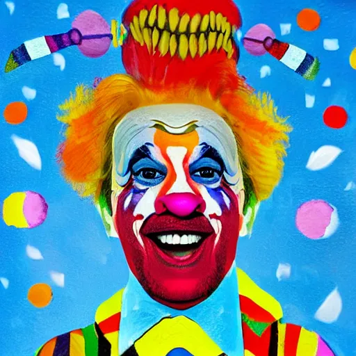 Prompt: Portrait of a colorful happy joyful clown masterpiece