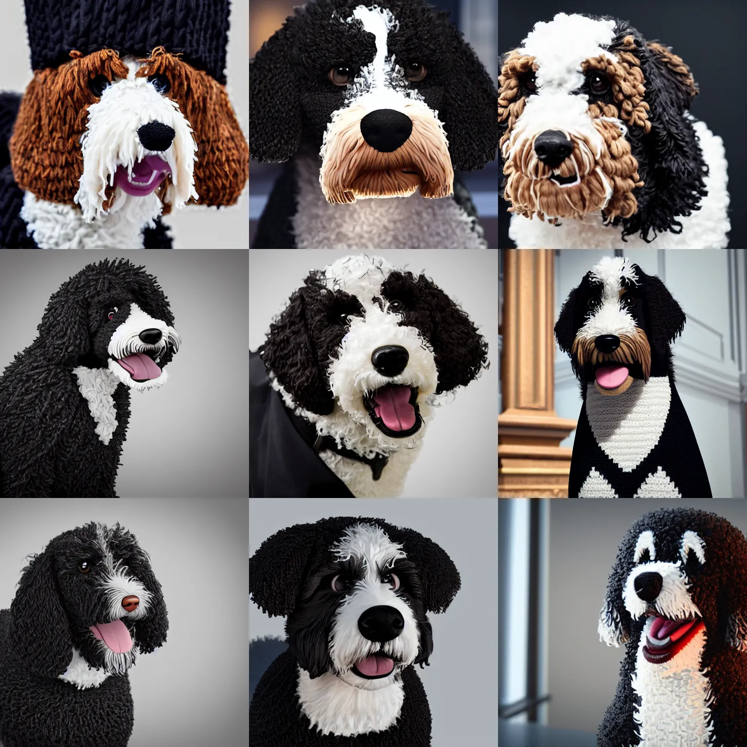Prompt: a closeup photorealistic illustration of a smiling knitted bernedoodle judge dog dressed in a black gown, presiding over the courthouse. indoors, well lit. this 4 k hd image is trending on artstation, featured on behance, well - rendered, extra crisp, features intricate detail, epic composition and the style of unreal engine.