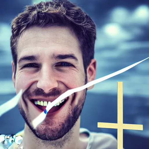 Image similar to photograph of smiling man with christian cross inside his mouth, 8k resolution, high detail, ULTRA REALISTIC VFX, reflections