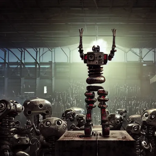 Image similar to a realistic crazy robot wearing a welding helmet, welding helmet head, one fist raised high in triumph, raised fist, standing in front of many large robots inside a huge rusty dingy warehouse, army of big robots, raygun gothic, atomic punk, digital art, detailed render, high angle