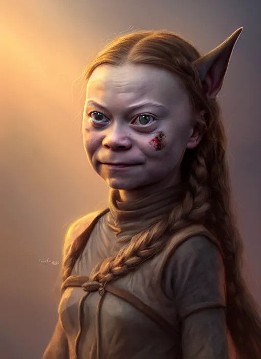 Image similar to portrait of greta thunberg as a medieval goblin girl, beautiful face, hyper realistic, highly detailed, digital painting, artstation, illustration, concept art by hyung tae and frank frazetta, digital paint, matte paint, washed colors, dark, gloomy