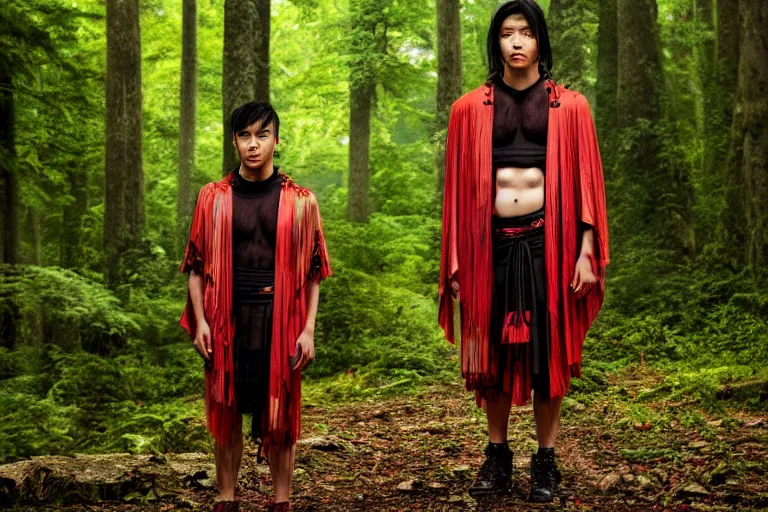 Image similar to versace avant garde male roman toga himation cloak intricate textiles streetwear cyberpunk asian american in the woods overcast late evening dramatic professional color 8 k hdr