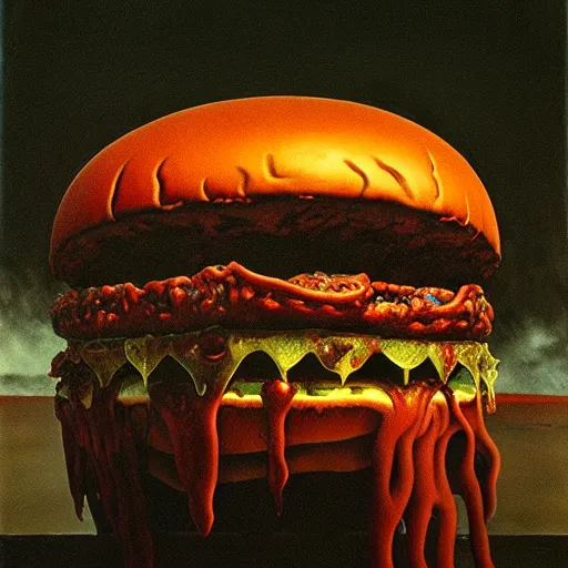 Prompt: horrifying eldritch cheeseburger, painting by zdzisław beksinski, product photograph, 4 k, dark atmosphere, horror, veins, oozing slime