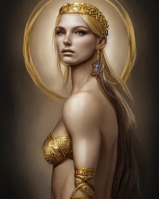 Image similar to tattoo sketch of blonde super model aphrodite greek goddess wearing a gold laurel wreath and triangle earrings, beautiful piercing gaze with sharp pupils, in the style of greg rutkowski, fantasy, amazing detail, epic, elegant, smooth, sharp focus, front view