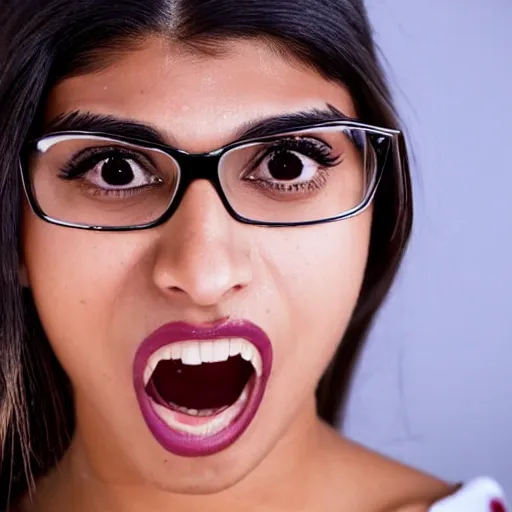 Image similar to a photo of mia khalifa being surprised, 50mm close up photography