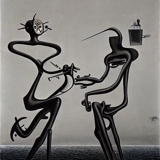 Prompt: Two mechanical beings in a deep conversation. Dali. Yves Tanguy,