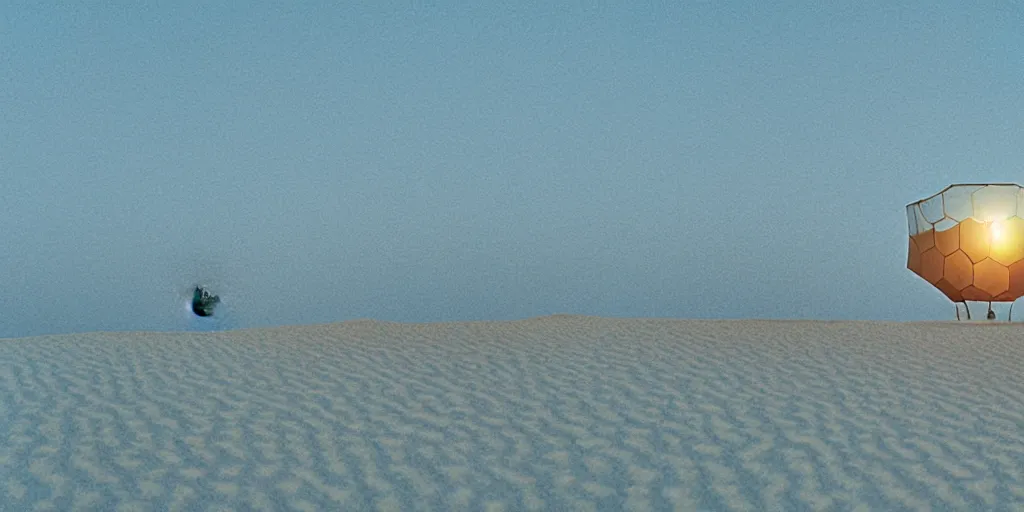 Image similar to real white honeycomb organic building sitting on the dune desert, film still from the movie directed by denis villeneuve aesthetic with art direction by zdzisław beksinski, telephoto lens, shallow depth of field