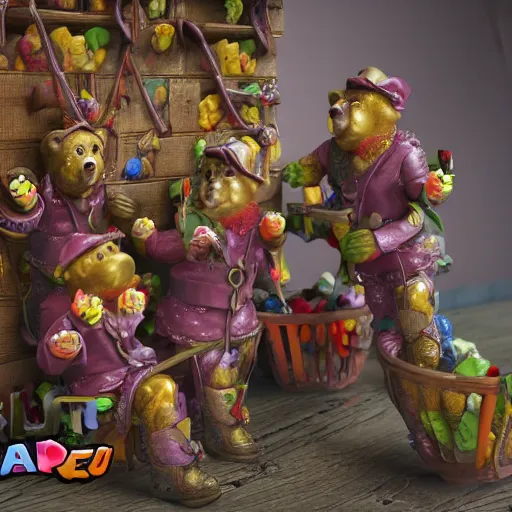 Image similar to gummi bears free candy prisoners from the candy store, ornate, highly detailed, UE5, 3D render, movie still