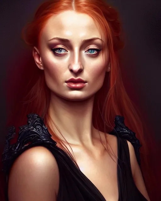 Image similar to Sophie Turner in an elegant black silk dress casting a fire spell, fire reflection in eyes, extreme close-up, deep focus, D&D, fantasy, intricate, elegant, highly detailed, digital painting, artstation, concept art, matte, sharp focus, illustration, hearthstone, art by Artgerm and Greg Rutkowski and Alphonse Mucha