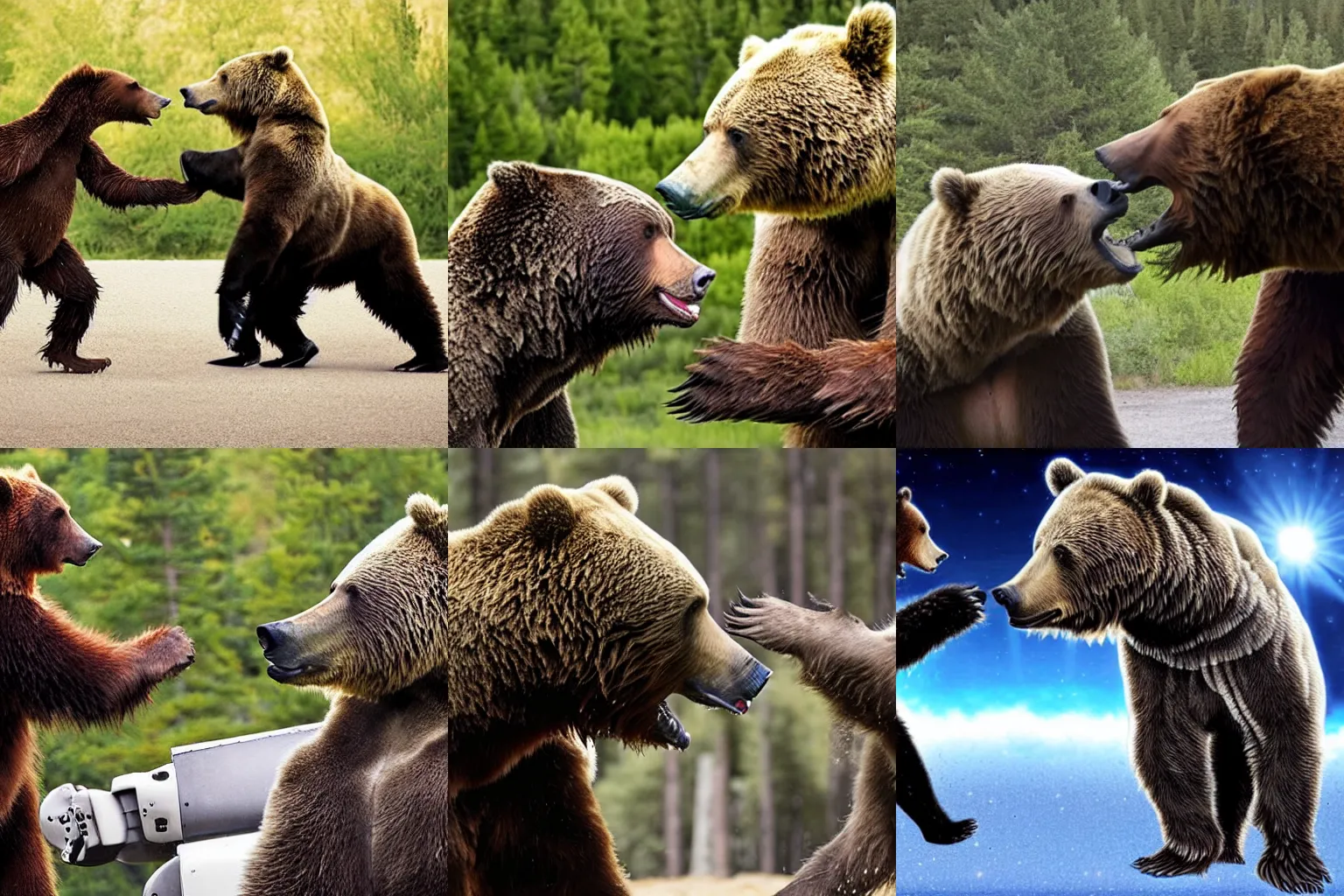 Prompt: a photo of a robot punching a grizzly bear