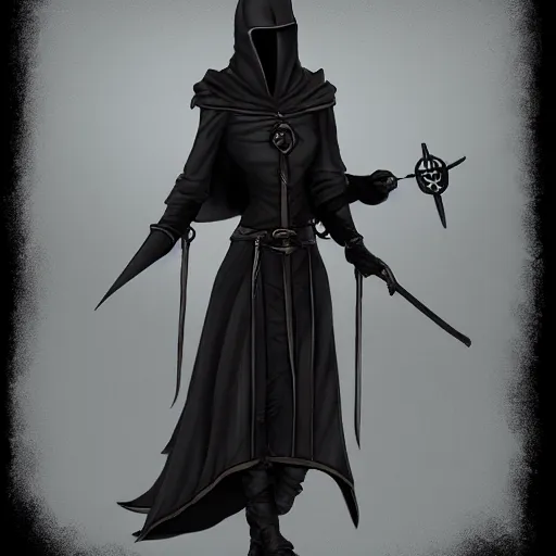 Prompt: female plague doctor donning a black hood, steel knightly armor and a white crow mask, trending on artstation