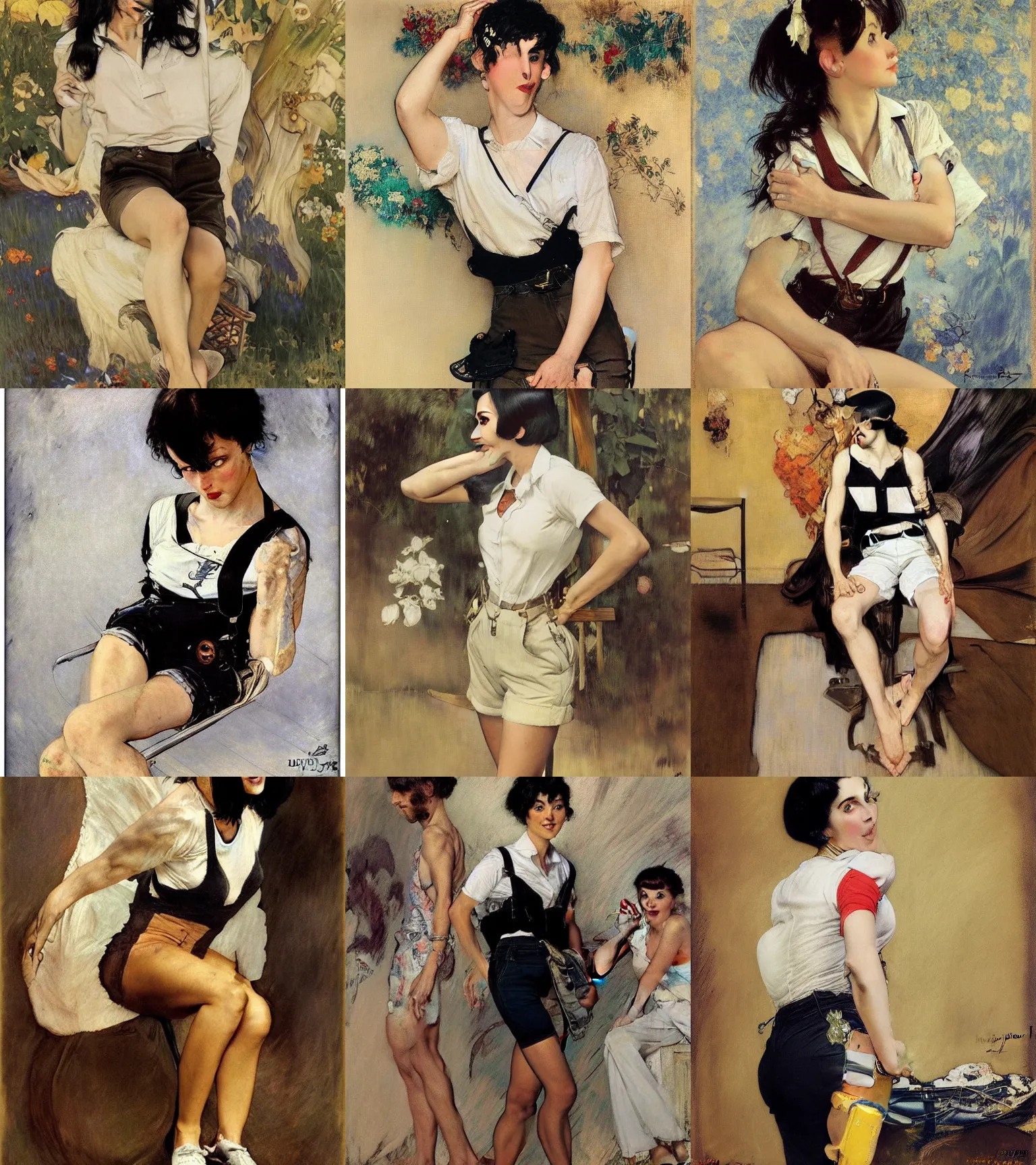 Prompt: a woman with black hair and long pixie haircut in shorts with suspenders and white t-shirt drawn by Giovanni Boldini, norman rockwell, frank frazetta, alphonso azpiri, maler collier, peter paul rubens, alphonse mucha, gustav klimt 4k, unreal 5, DAZ, french noveau, trending on artstation, octane render, hyperrealistic