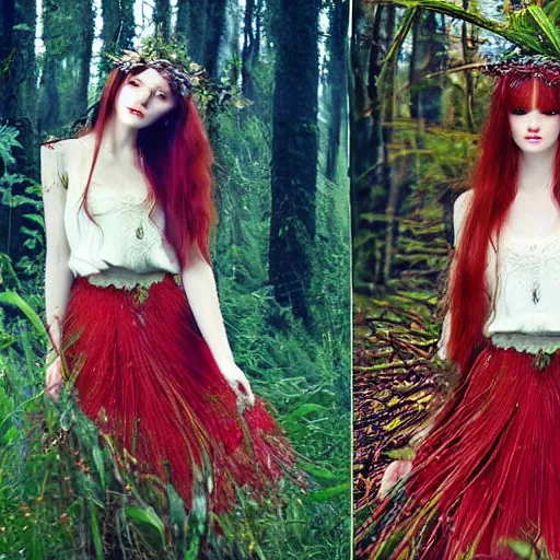 Image similar to Girl, long red hair, short bangs, in a beautiful skirt made of leaves with dewdrops on them, clothes, tiny mushrooms and forest on a dress, mushrooms decoration on the dress, on the background of a magickal forest, Designer clothes, vouge photo, fashion style, fullbody, in full growth, intricate, elegant, highly detailed, artstation, concept art, smooth, sharp focus, illustration, art by greg rutkowski and orientalism and bouguereau and Zdzislaw Beksinski, good clear quality, lighting, biology, symmetrical artwork, perfect face, 135 mm, cinematic, hyper realism, high detail, octane render, 8k, chrome accents