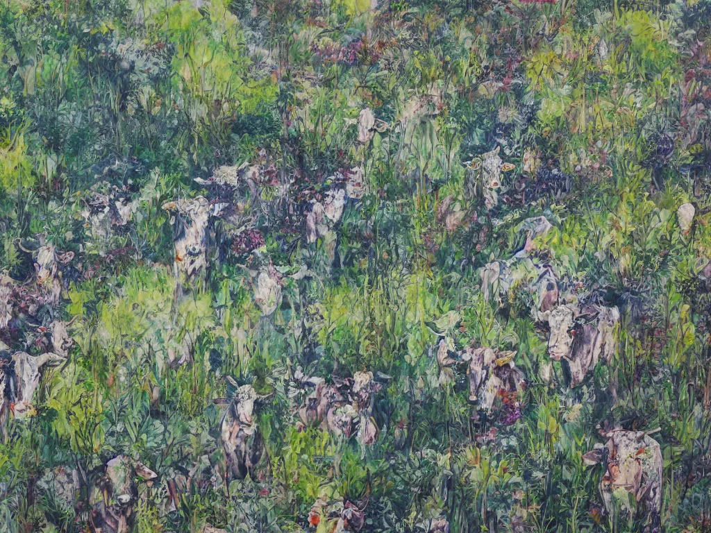 Prompt: until the cows come home plantscape. painting by aoshima chiho