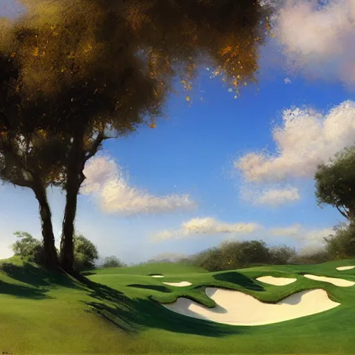 Image similar to beautiful lush golf course, big fluffy clouds, landscape, nature, craig mullins