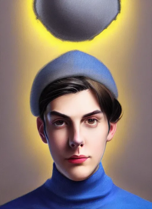 Image similar to portrait of teenage jughead jones wearing a light grey crown, crown, blue turtleneck, 1 9 5 0 s, closed eyes, photorealistic, black hair, glowing lighting, intricate, elegant, glowing lights, highly detailed, digital painting, artstation, concept art, smooth, sharp focus, illustration, art by wlop, mars ravelo and greg rutkowski