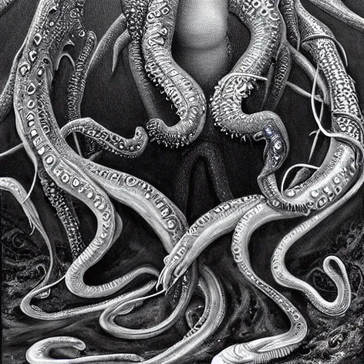 Image similar to By Jason deCaires Taylor, ultra realist soft painting of a fish and squid parade by night, beautiful dark eyed evil mermaid in full multiples tentacles bodysuit, symmetry accurate features, very intricate details, omnious underwater environment, black and white, volumetric light water