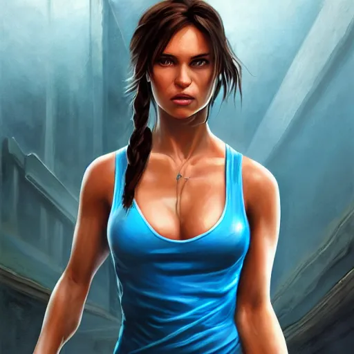 Image similar to Portrait Lara Croft wearing a blue skater dress, Tomb Raider, Alicia Vikander, beautiful, 4k oil on linen by wlop, artgerm, andrei riabovitchev, nuri iyem, james gurney, james jean, greg rutkowski, highly detailed, soft lighting 8k resolution