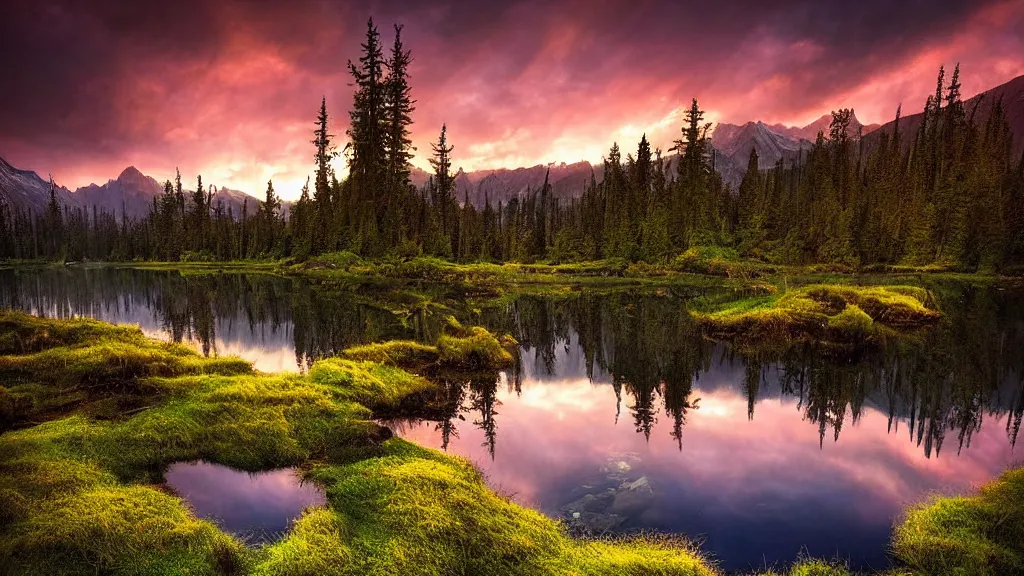 Image similar to amazing landscape photo of a forest with lake in sunset by marc adamus, beautiful dramatic lighting