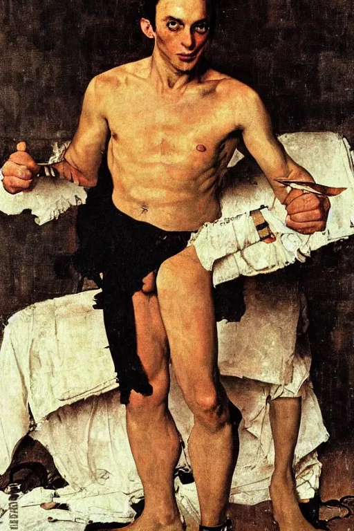 Image similar to body portrait of Pierre Casiraghi posing as a wrestler, colour painting by norman rockwell, guidi prime background by carl spitzweg